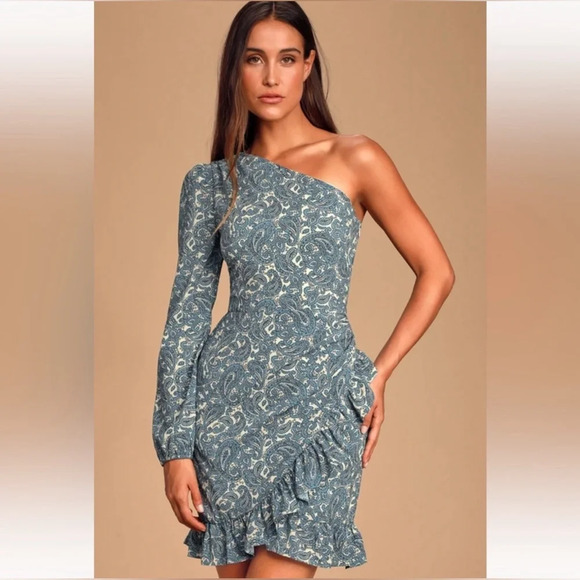 WAYF Michelyne Blue Paisley Mini Dress One Shoulder Ruffled Ruched Formal NWT - Picture 1 of 15